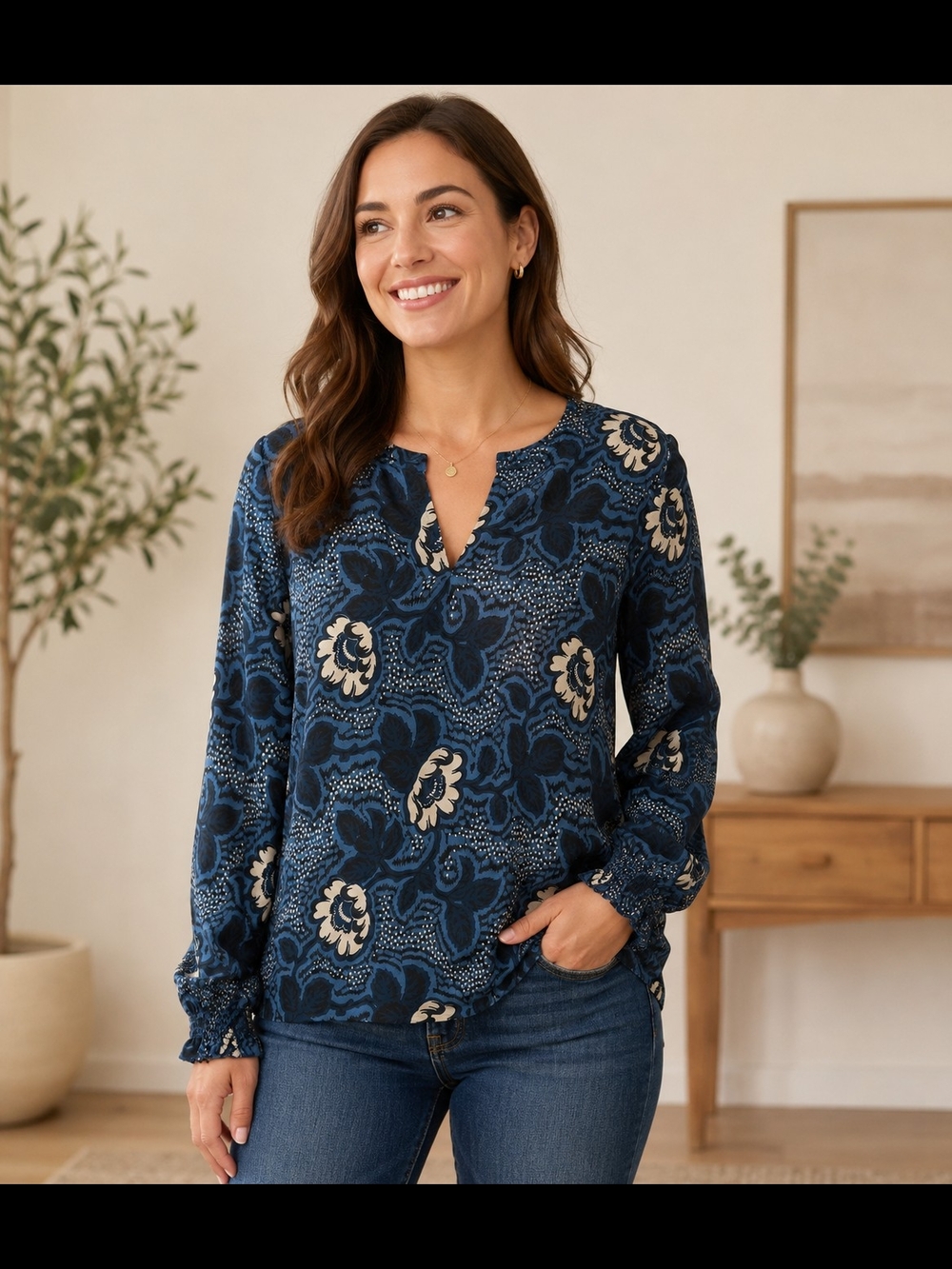 Ted Baker Navy and Cream Floral Long-Sleeve Blouse